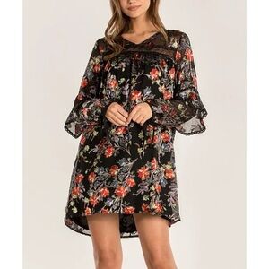 Miss Me Women's Black Printed Lace Trim Long‎ Sleeve Mini Dress Size Large
